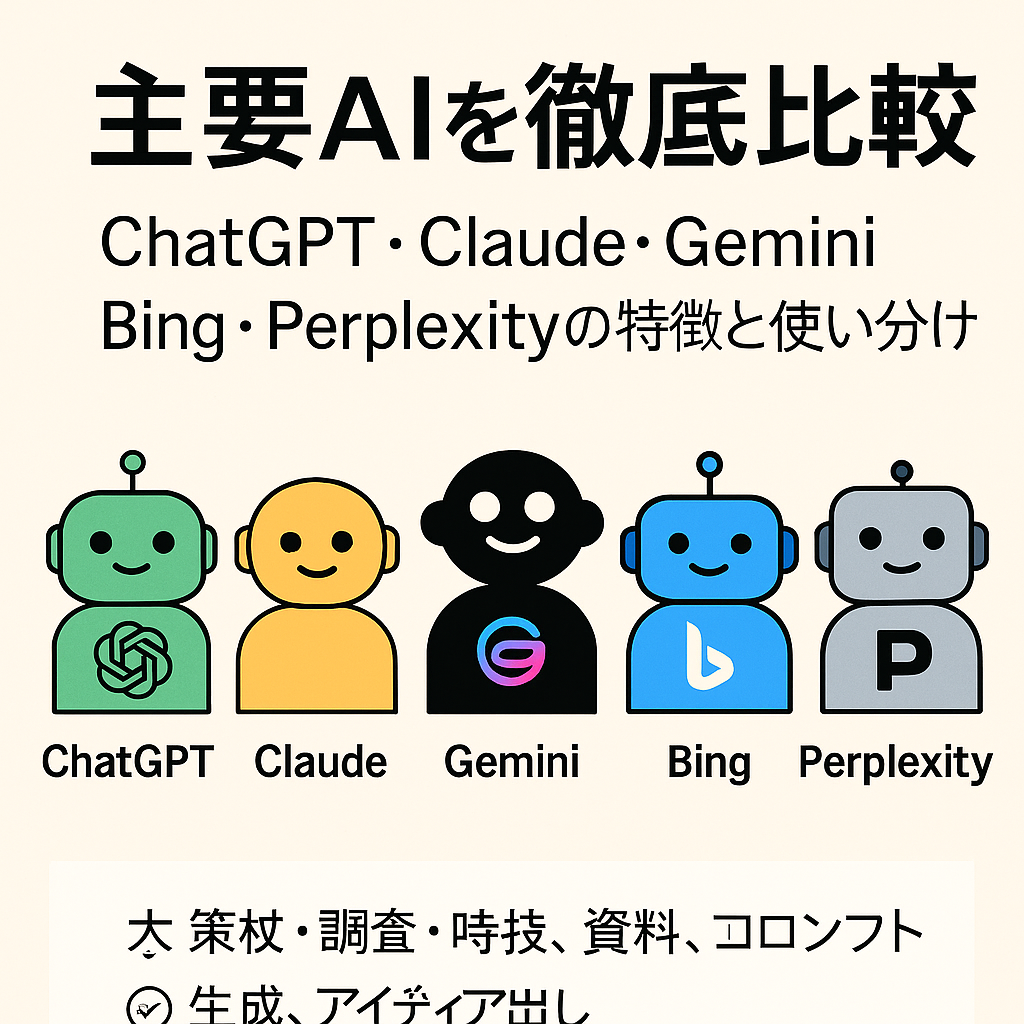 主要AIを徹底比較！ChatGPT・Claude・Gemini・Bing・Perplexityの特徴と使い分け
